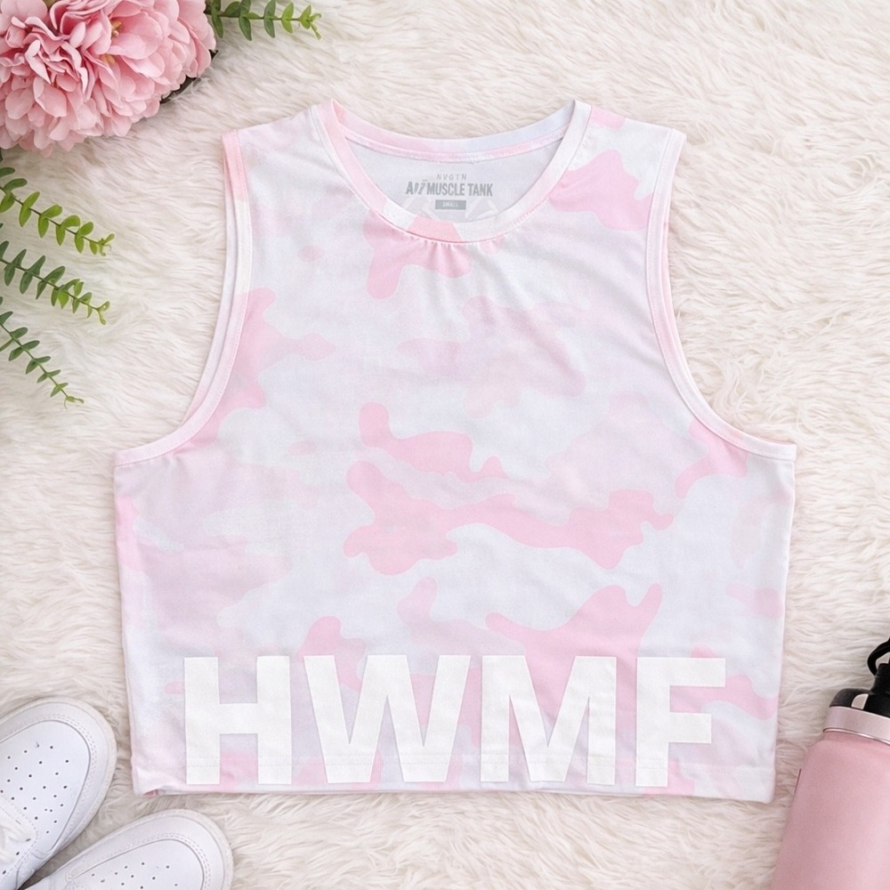 All American Roughneck AAF Muscle Tank Pink Camo HWMF Graphic Crop Top Medium